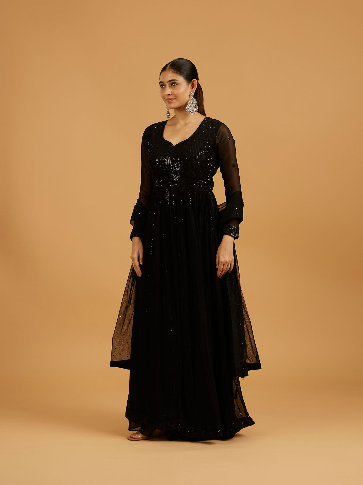 Mohey Women Jet-Black Georgette Anarkali Suit