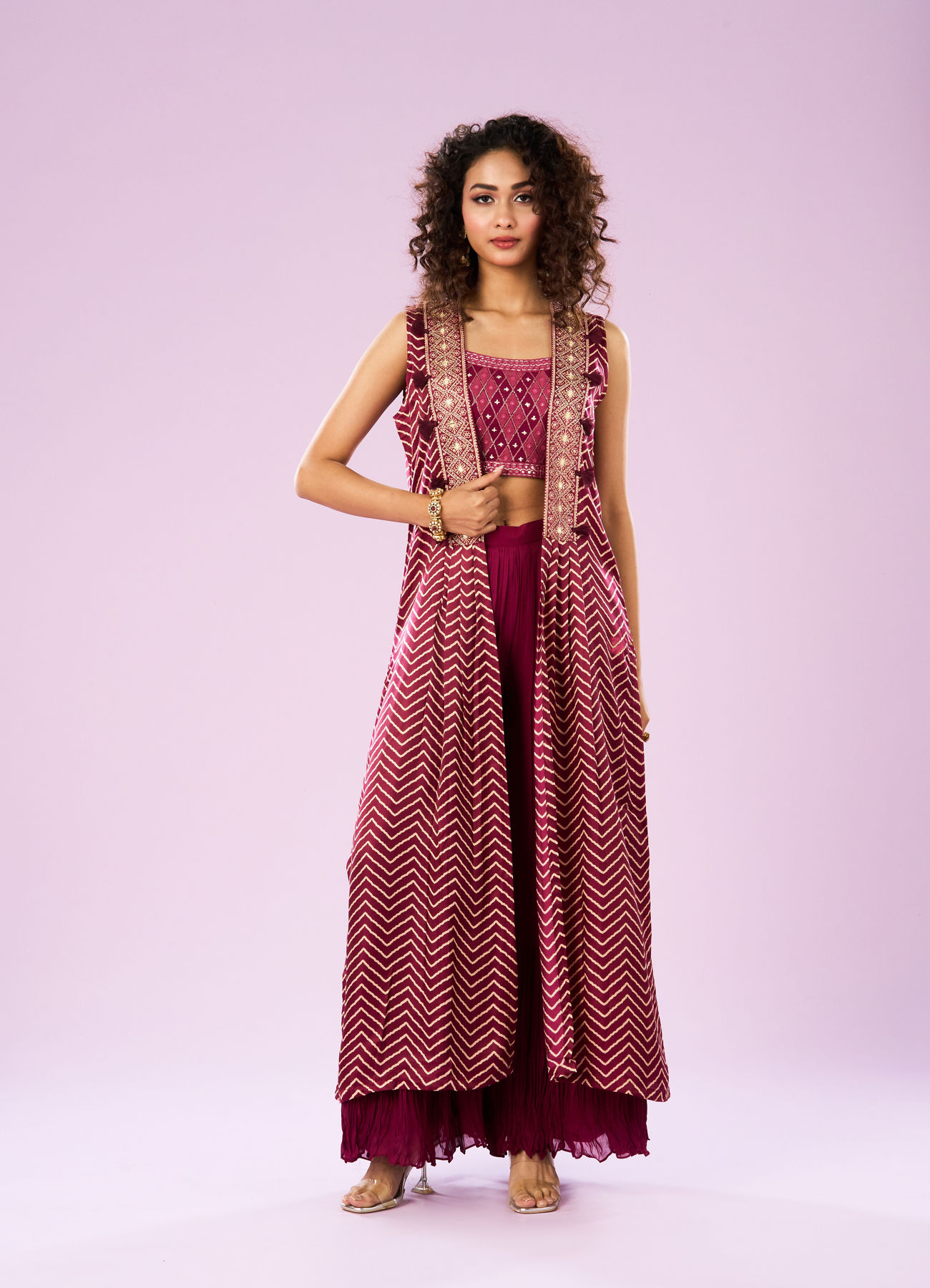 Mohey Women Wine Satin Sharara with Cape Indo Western