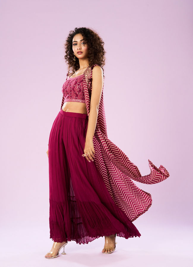 Mohey Women Wine Satin Sharara with Cape Indo Western