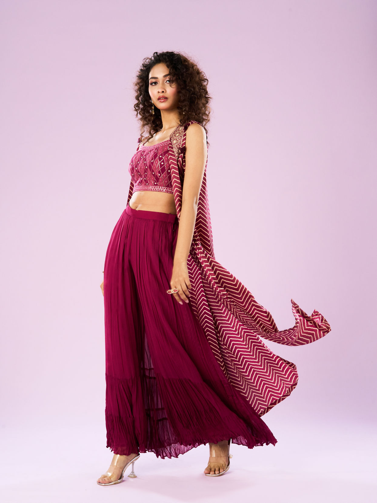 Mohey Women Wine Satin Sharara with Cape Indo Western