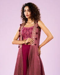 Mohey Women Wine Satin Sharara with Cape Indo Western