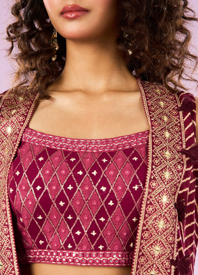 Mohey Women Wine Satin Sharara with Cape Indo Western