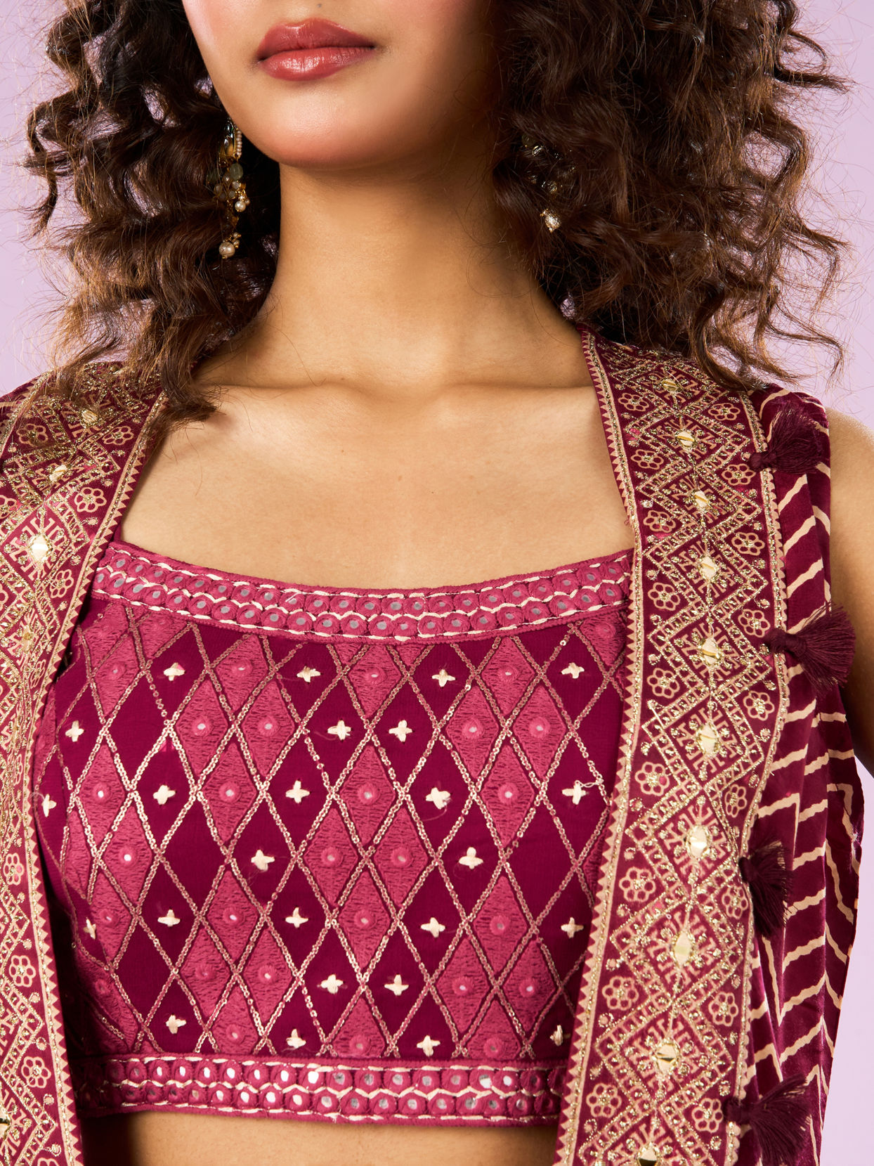 Mohey Women Wine Satin Sharara with Cape Indo Western