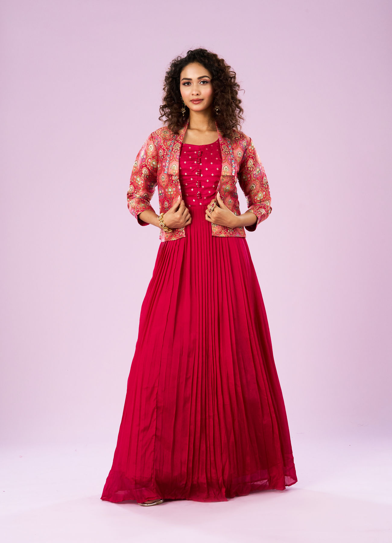 Mohey Women Exquisite Rani Pink Georgette Indo Western Bridal Wear