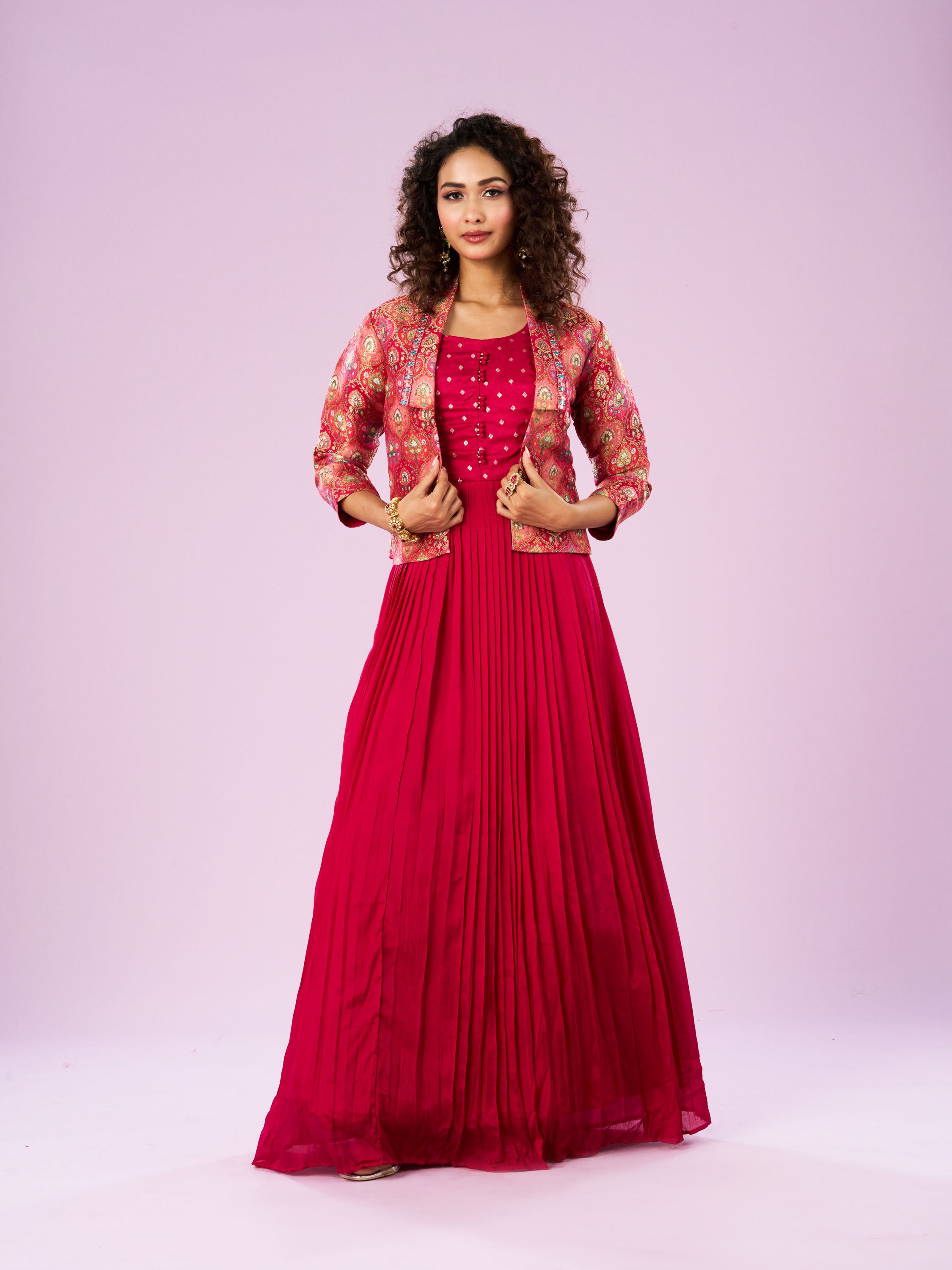 Mohey Women Exquisite Rani Pink Georgette Indo Western Bridal Wear