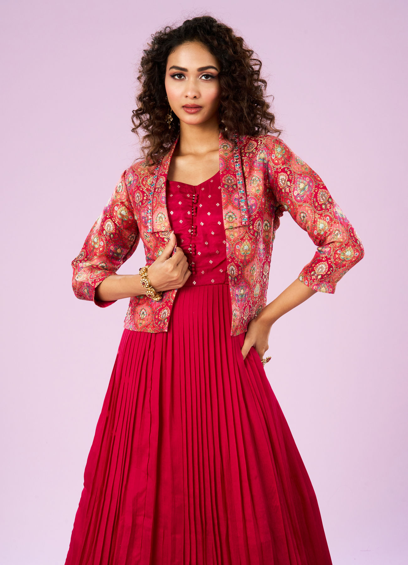 Mohey Women Exquisite Rani Pink Georgette Indo Western Bridal Wear