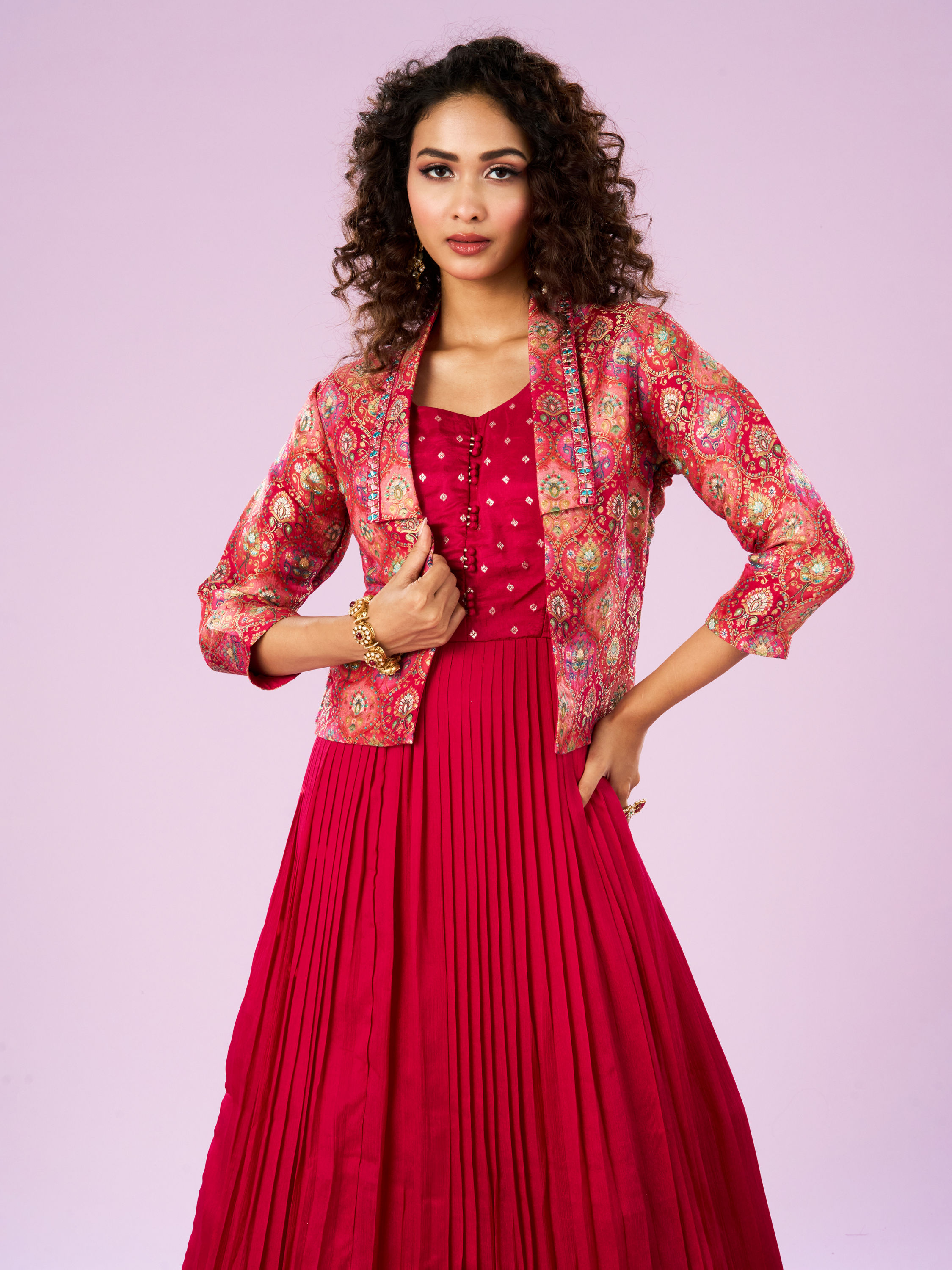 Mohey Women Exquisite Rani Pink Georgette Indo Western Bridal Wear