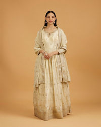 Mohey Women Soft Cream Buta Patterned Anarkali Suit with Zari And Sequin Work
