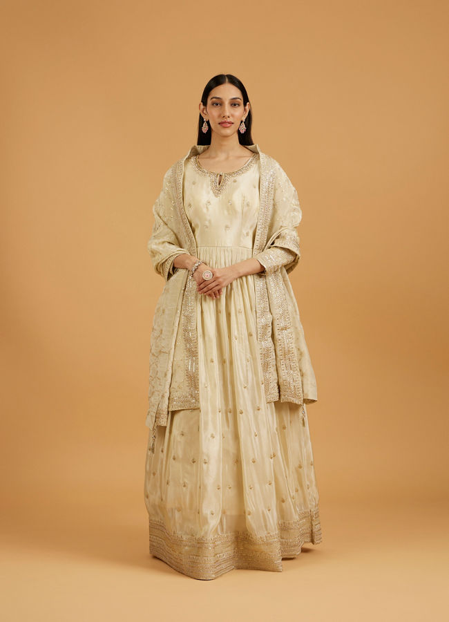 Mohey Women Soft Cream Buta Patterned Anarkali Suit with Zari And Sequin Work