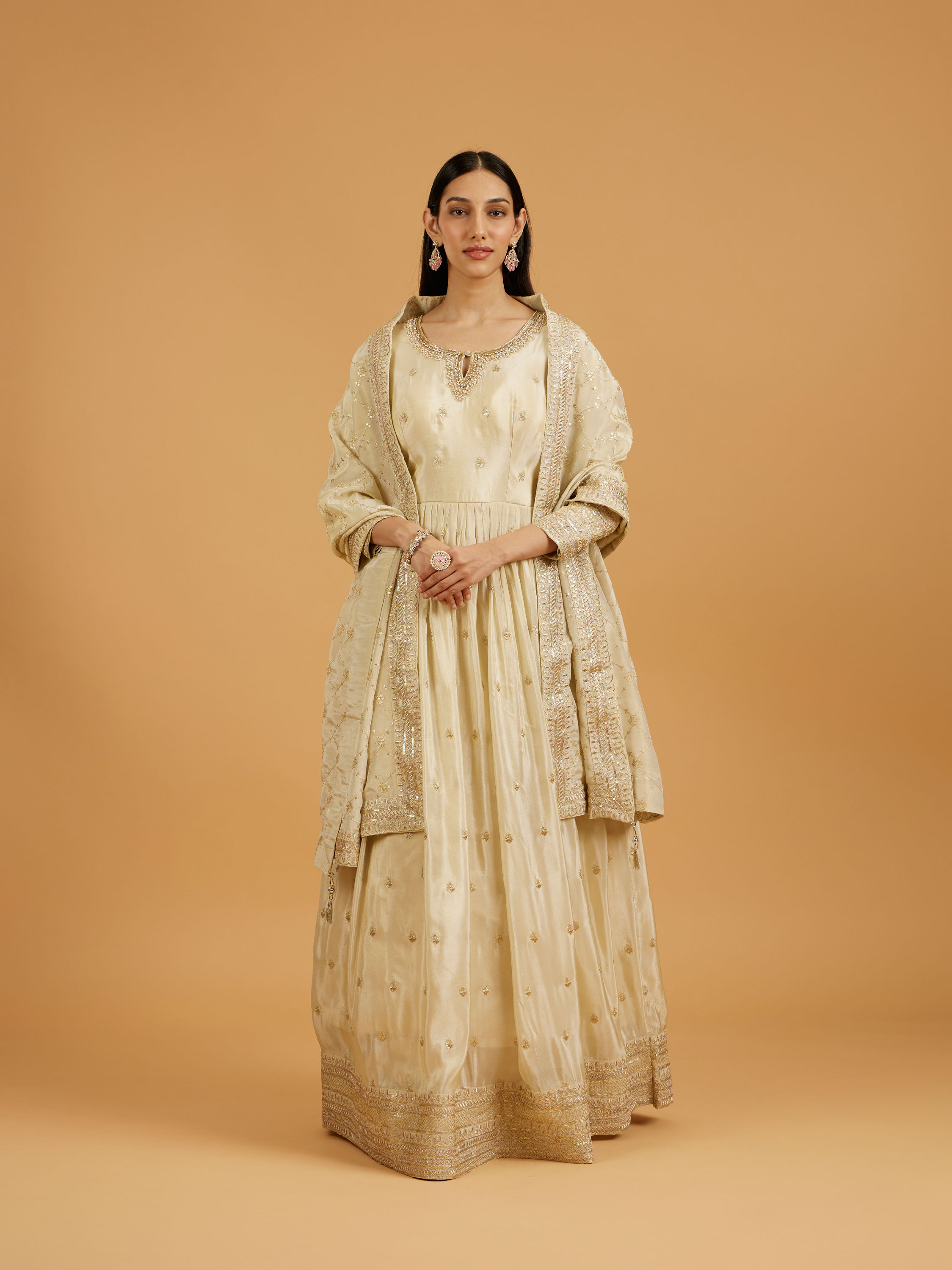 Mohey Women Soft Cream Buta Patterned Anarkali Suit with Zari And Sequin Work