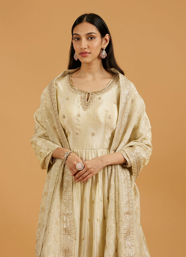 Mohey Women Soft Cream Buta Patterned Anarkali Suit with Zari And Sequin Work