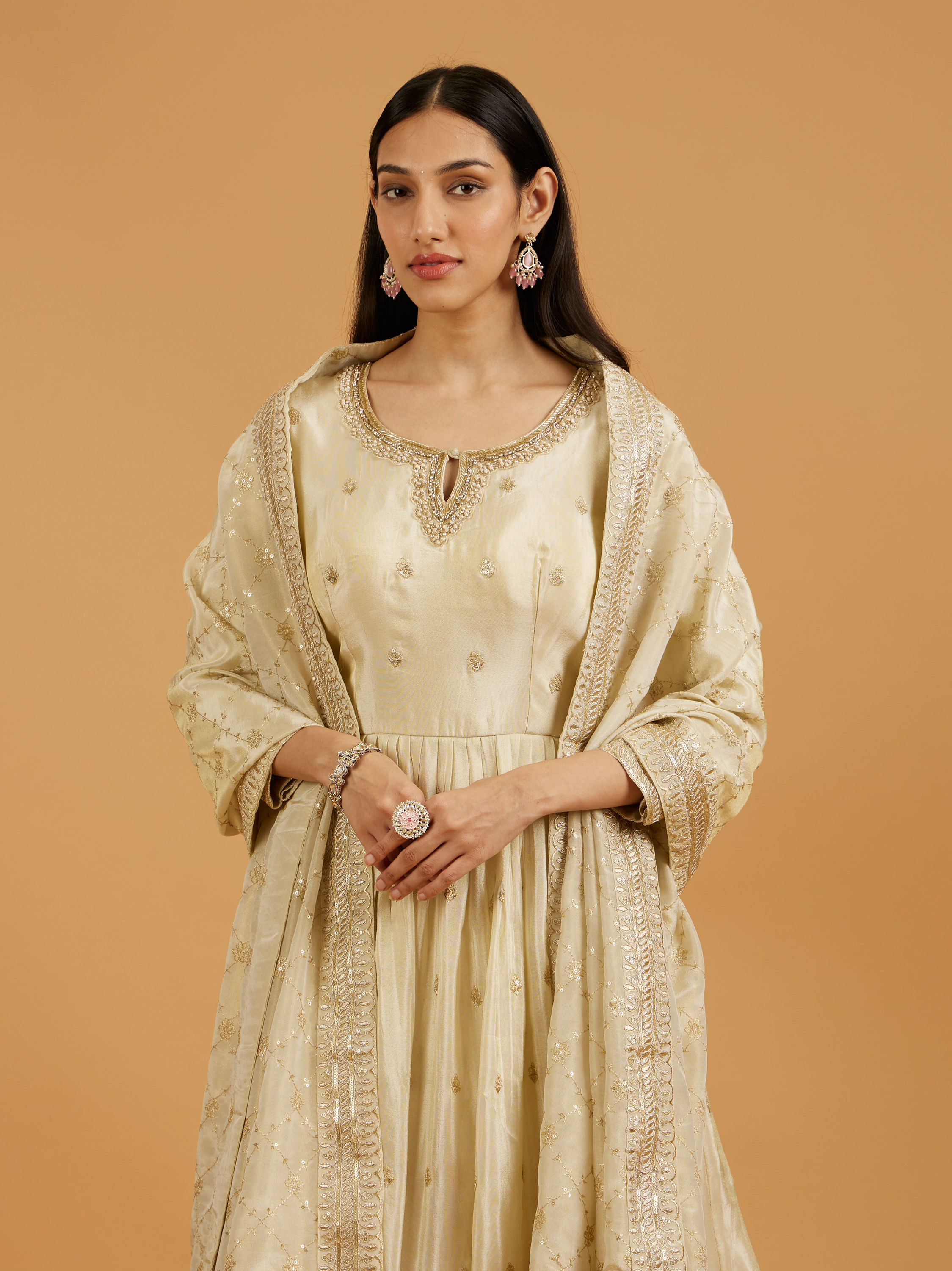 Mohey Women Soft Cream Buta Patterned Anarkali Suit with Zari And Sequin Work