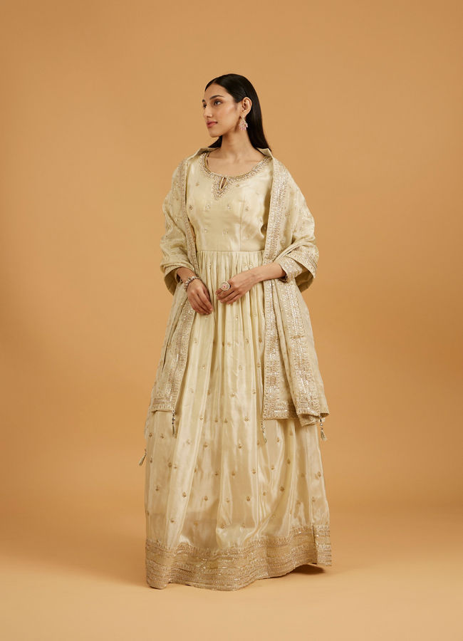 Mohey Women Soft Cream Buta Patterned Anarkali Suit with Zari And Sequin Work