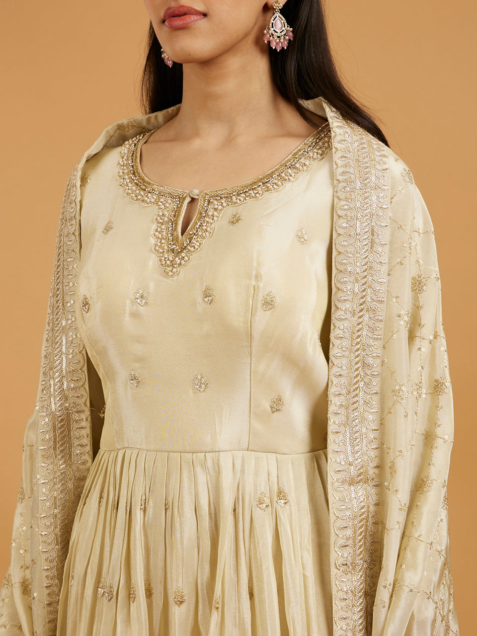 Mohey Women Soft Cream Buta Patterned Anarkali Suit with Zari And Sequin Work