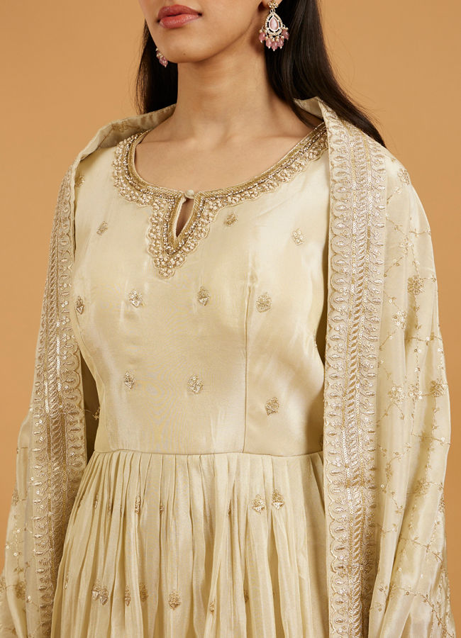 Mohey Women Soft Cream Buta Patterned Anarkali Suit with Zari And Sequin Work
