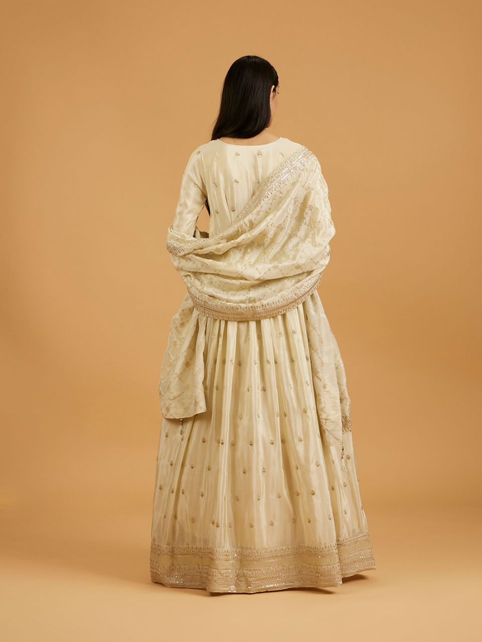 Mohey Women Soft Cream Buta Patterned Anarkali Suit with Zari And Sequin Work