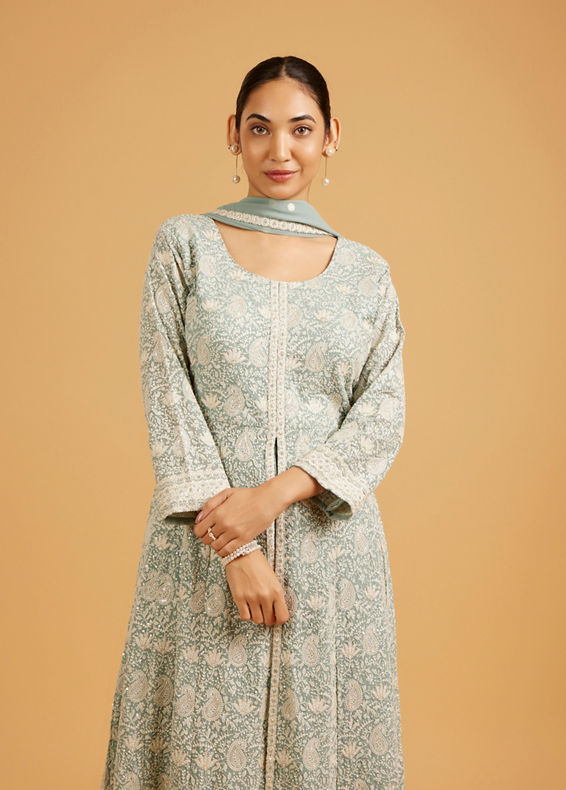 Mohey Women Sea Green Stitched Suit Set with Floral Vine Patterns, Paisley Motifs And Sequin Work