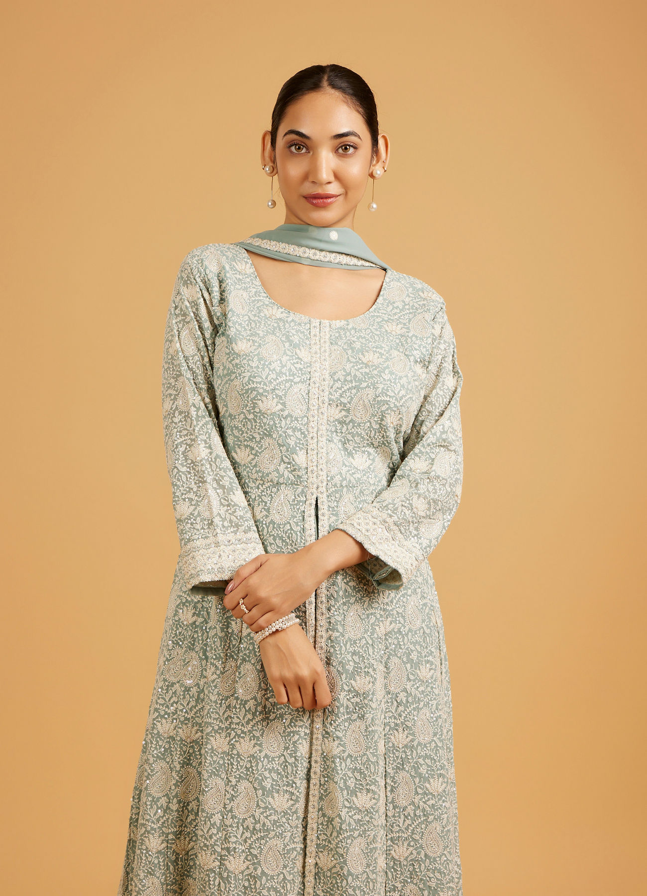 Mohey Women Sea Green Anarkali Suit Set with Floral Vine Patterns, Paisley Motifs And Sequin Work