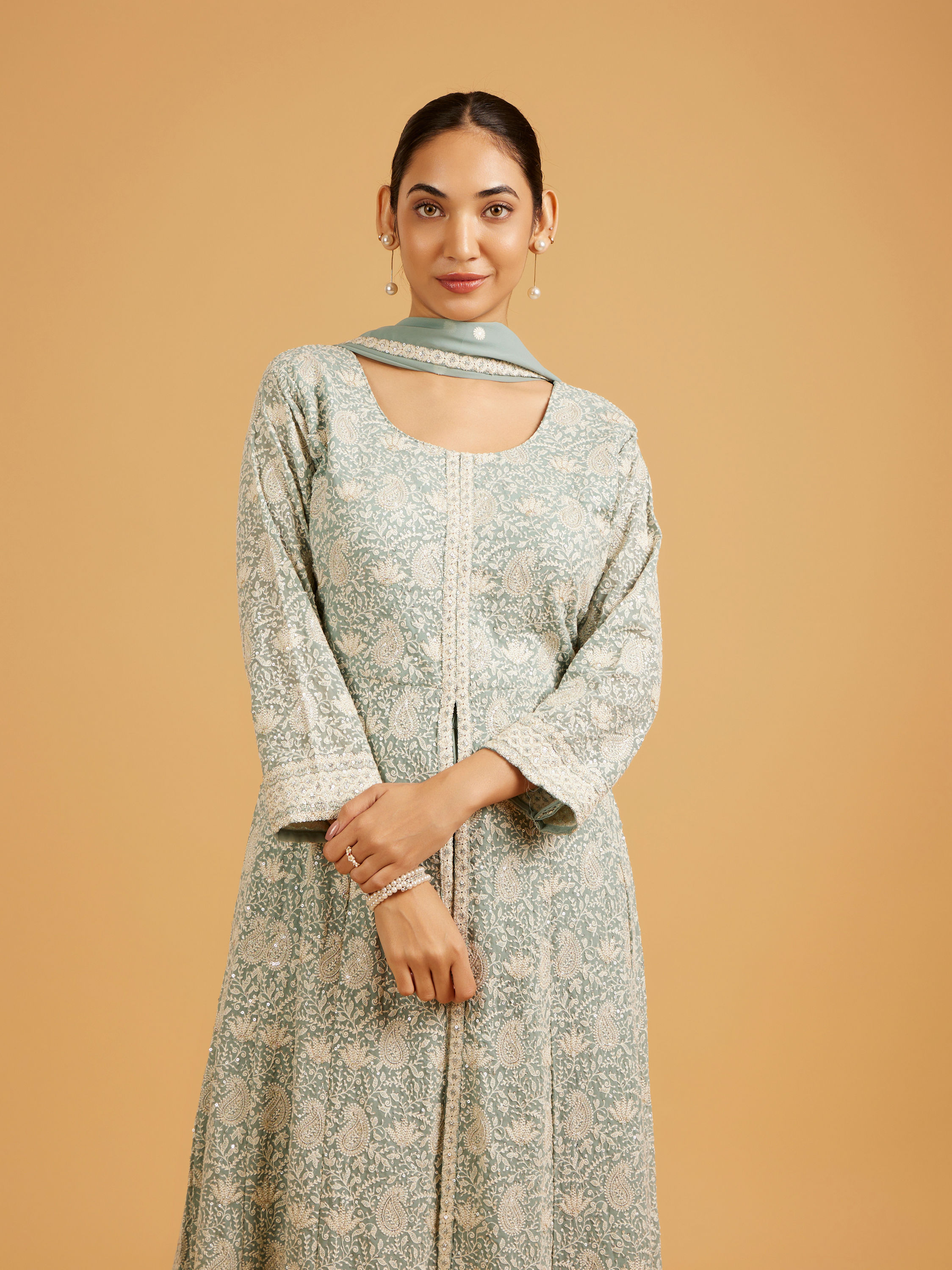 Mohey Women Sea Green Anarkali Suit Set with Floral Vine Patterns, Paisley Motifs And Sequin Work