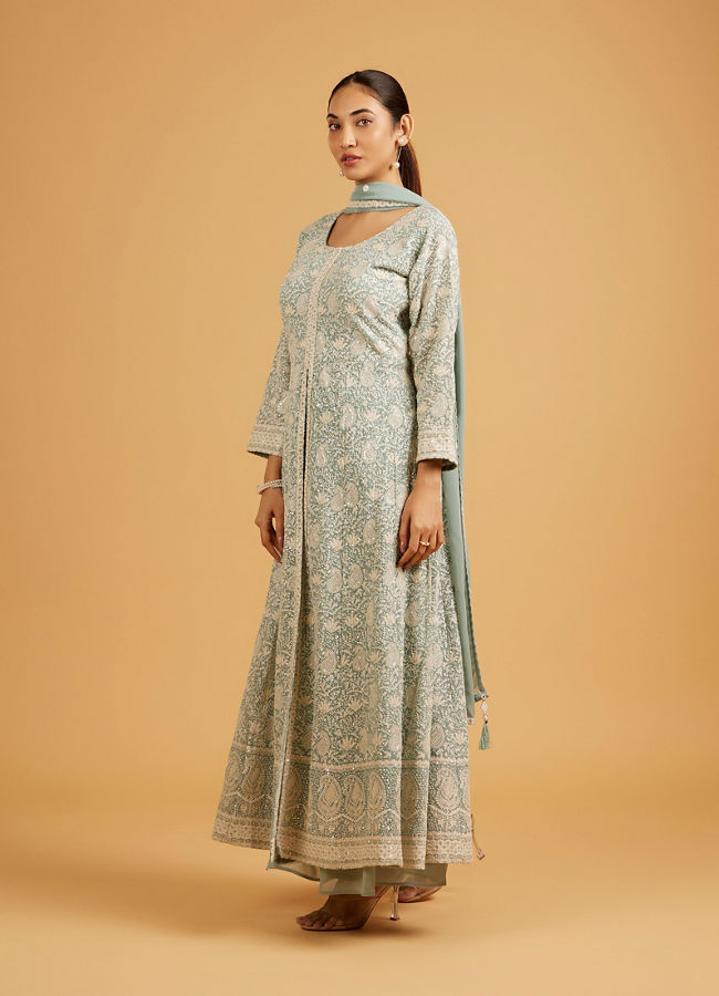 Mohey Women Sea Green Anarkali Suit Set with Floral Vine Patterns, Paisley Motifs And Sequin Work