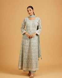 Mohey Women Sea Green Anarkali Suit Set with Floral Vine Patterns, Paisley Motifs And Sequin Work