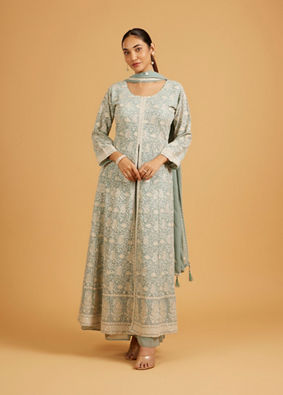 Mohey Women Sea Green Anarkali Suit Set with Floral Vine Patterns, Paisley Motifs And Sequin Work