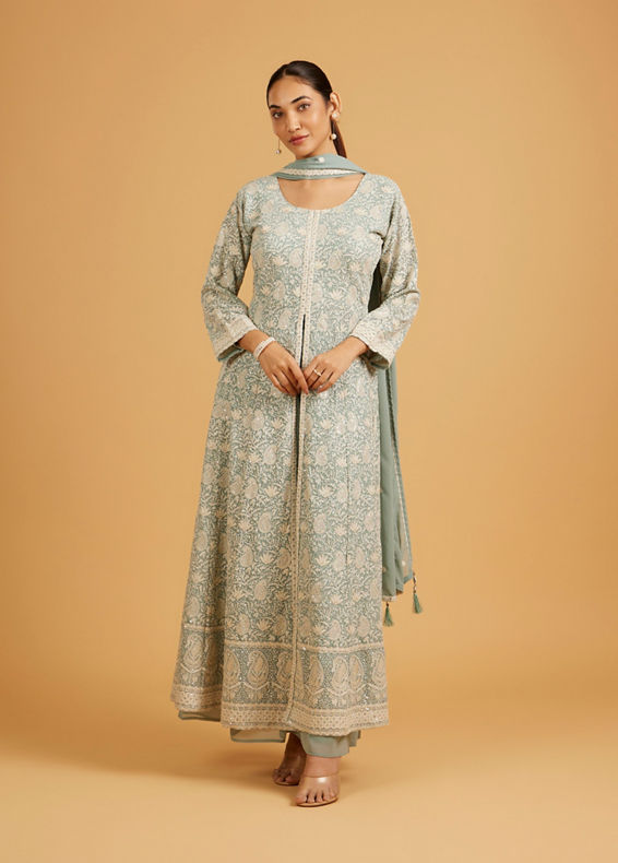 Mohey Women Sea Green Stitched Suit Set with Floral Vine Patterns, Paisley Motifs And Sequin Work