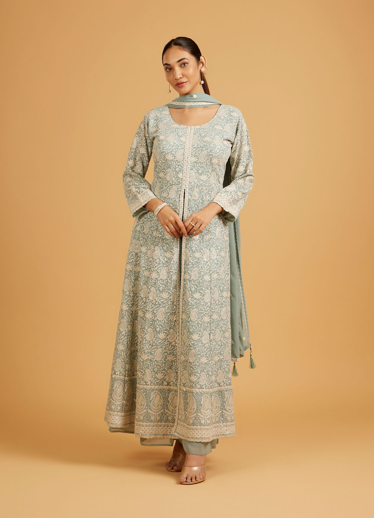 Mohey Women Sea Green Anarkali Suit Set with Floral Vine Patterns, Paisley Motifs And Sequin Work