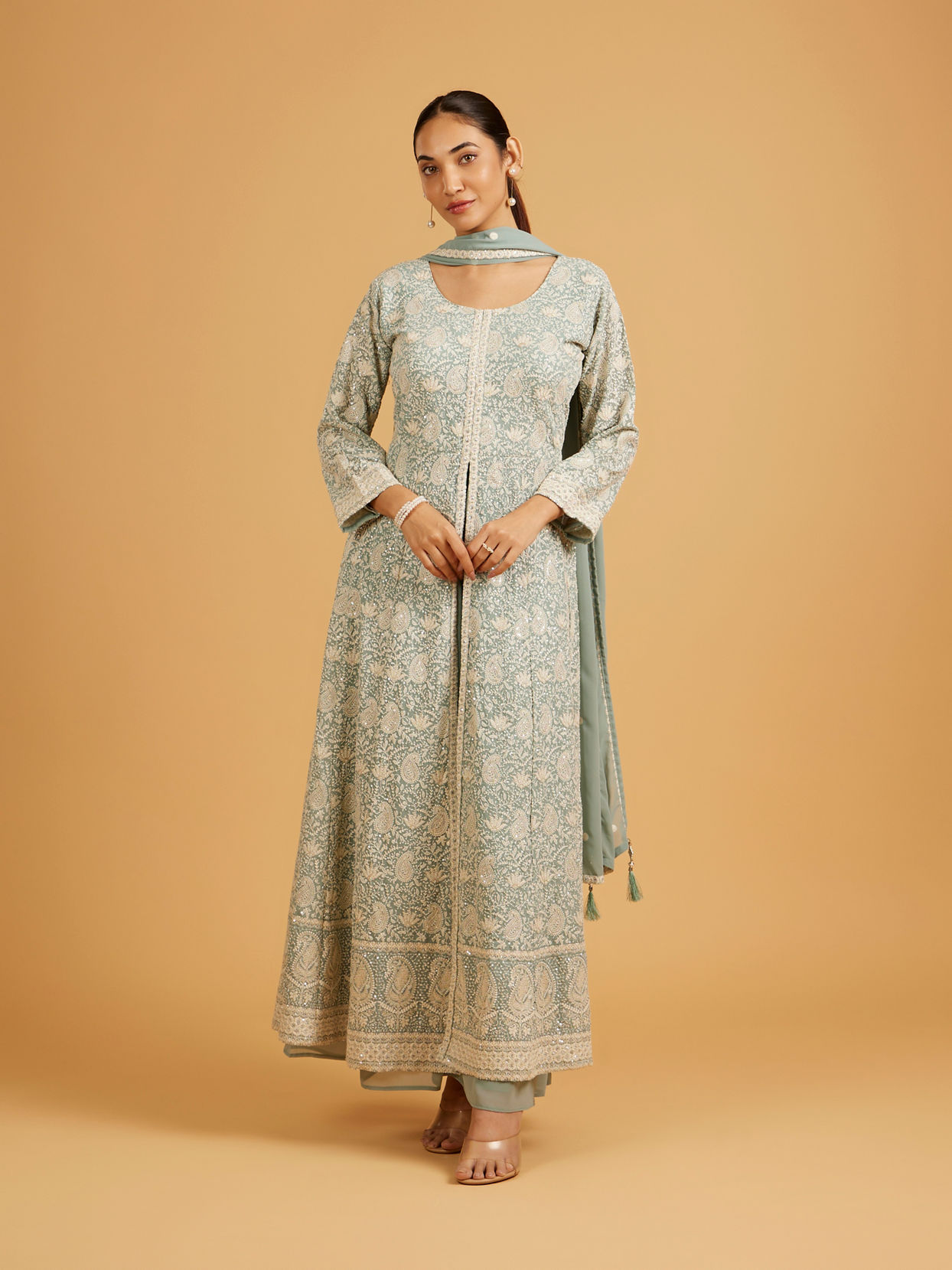 Mohey Women Sea Green Anarkali Suit Set with Floral Vine Patterns, Paisley Motifs And Sequin Work