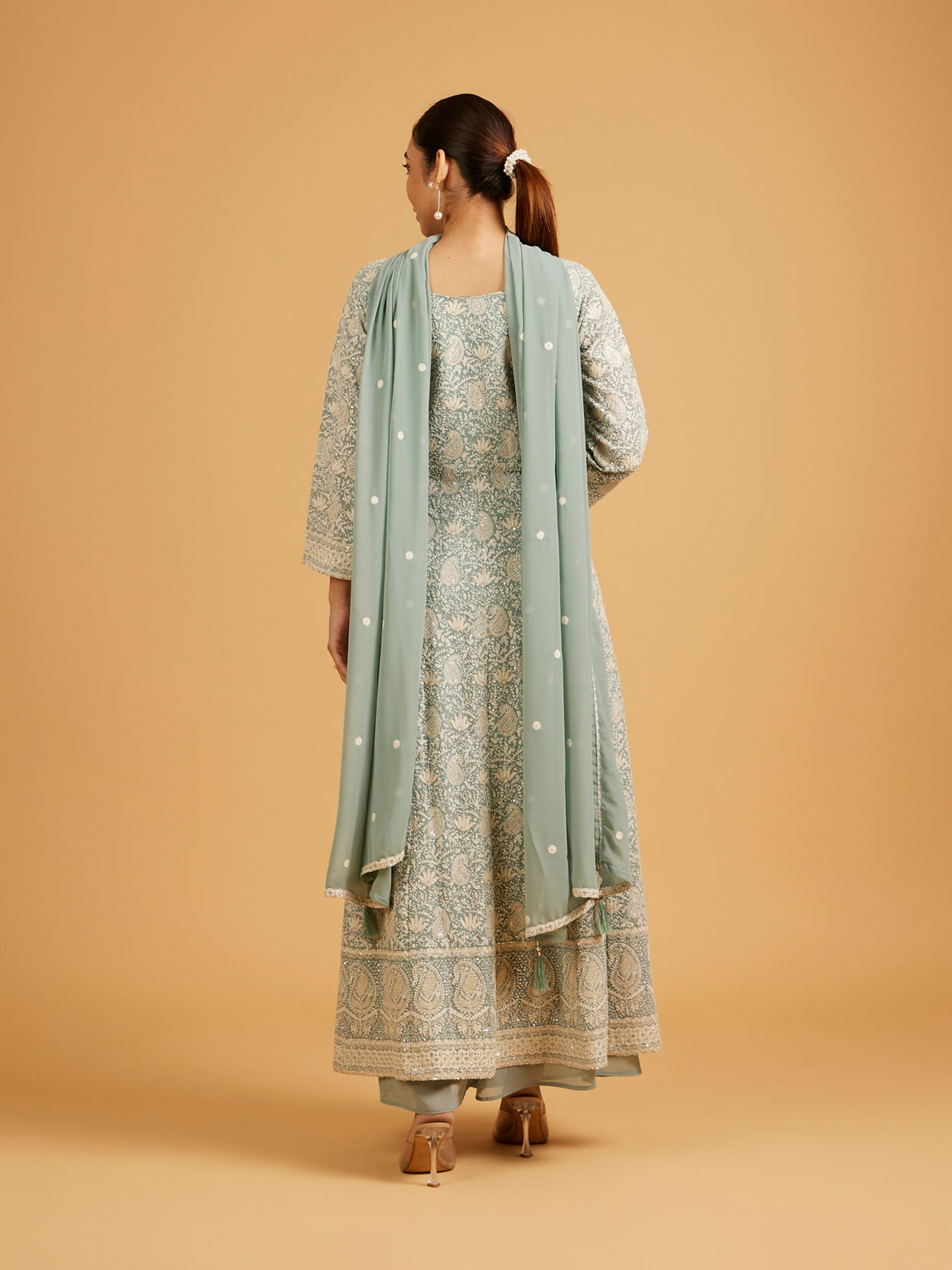 Mohey Women Sea Green Anarkali Suit Set with Floral Vine Patterns, Paisley Motifs And Sequin Work