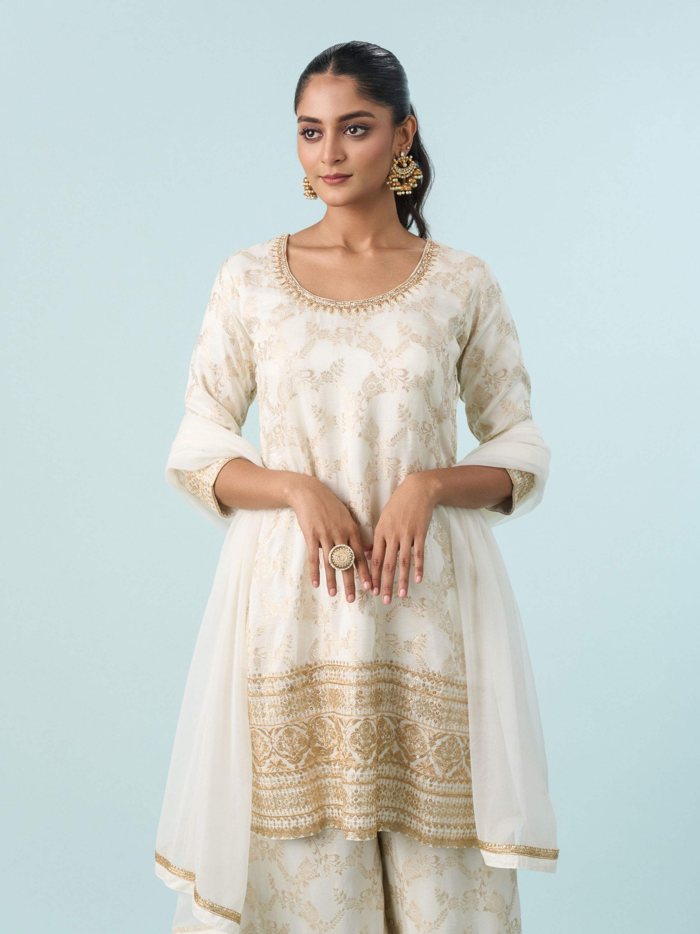 Mohey Women Lustrous Cream Palazzo Suit