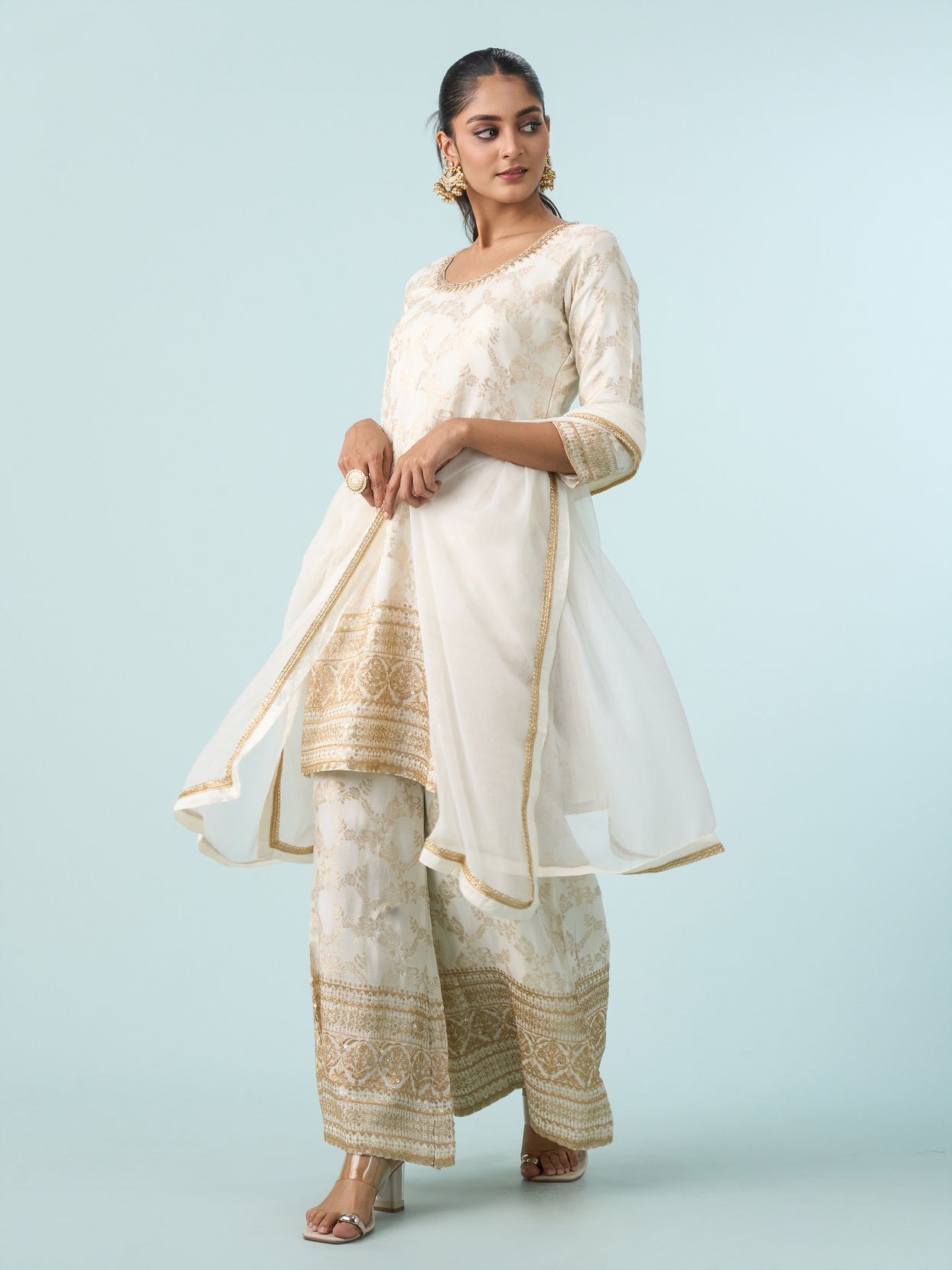 Mohey Women Lustrous Cream Palazzo Suit