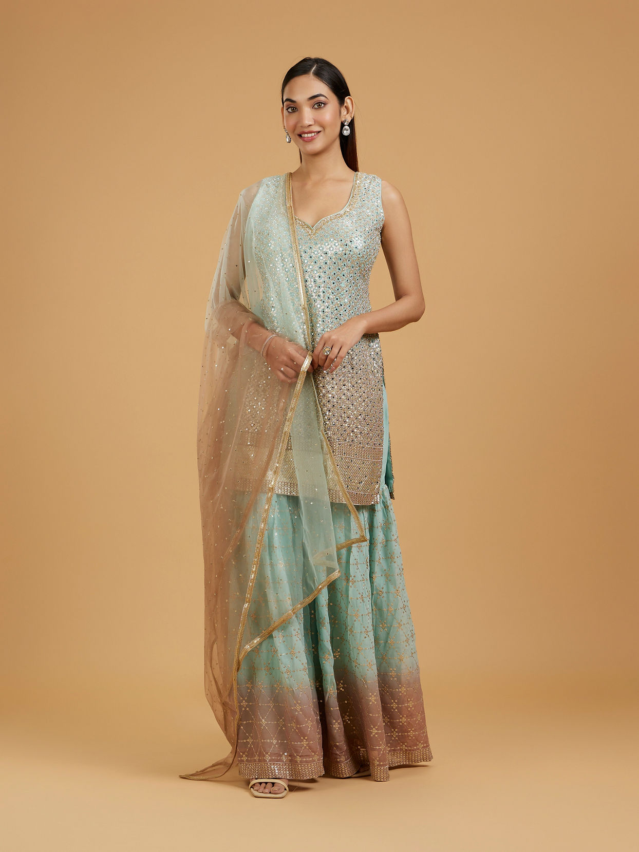 Mohey Women Sea Green-Peach Sharara Suit