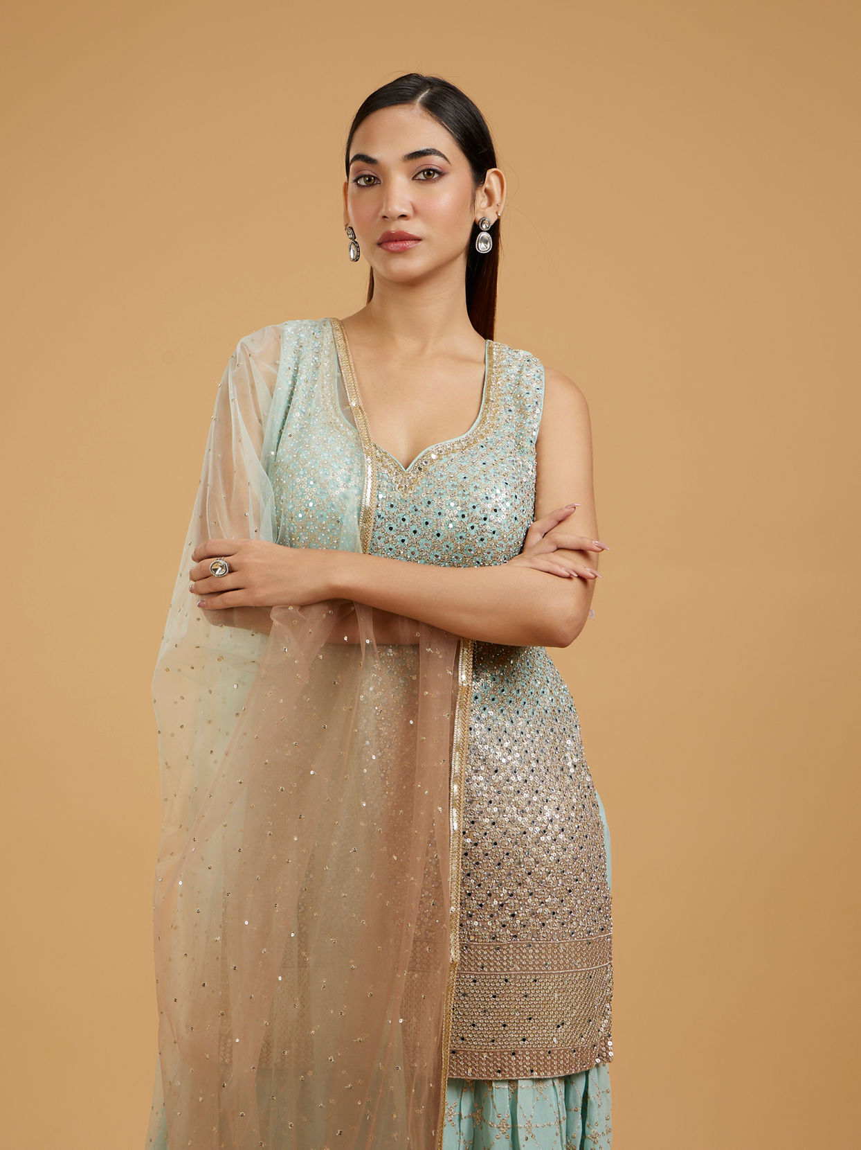 Mohey Women Sea Green-Peach Sharara Suit