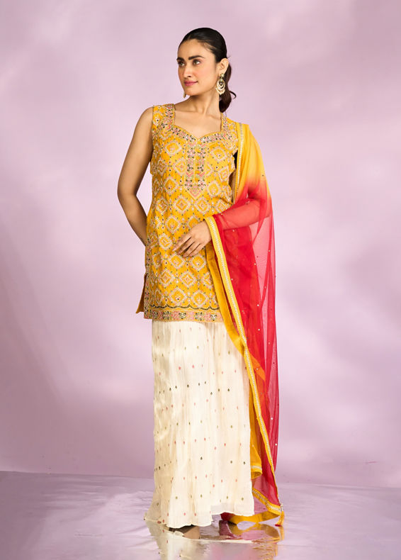 Mohey Women Sun kissed Mustard Yellow Chinon Sharara Suits