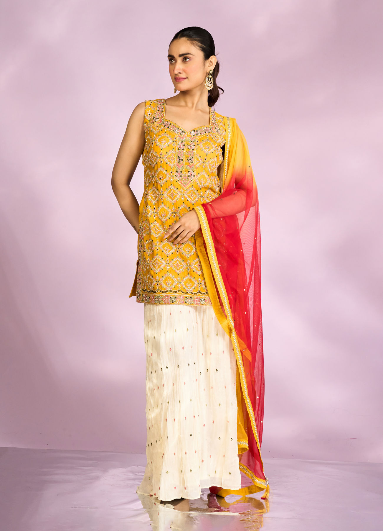Mohey Women Sun kissed Mustard Yellow Chinon Sharara Suits