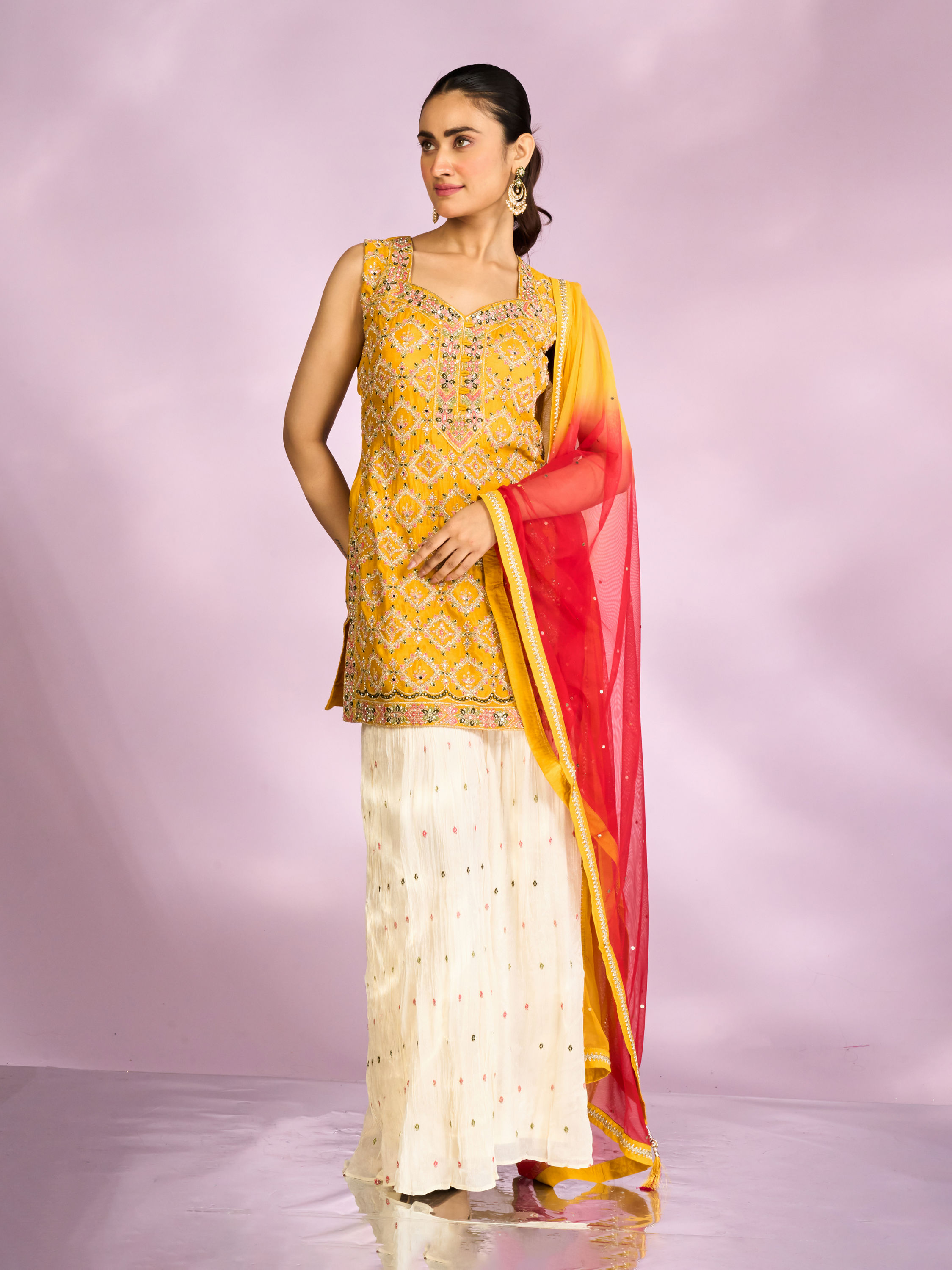 Mohey Women Sun kissed Mustard Yellow Chinon Sharara Suits