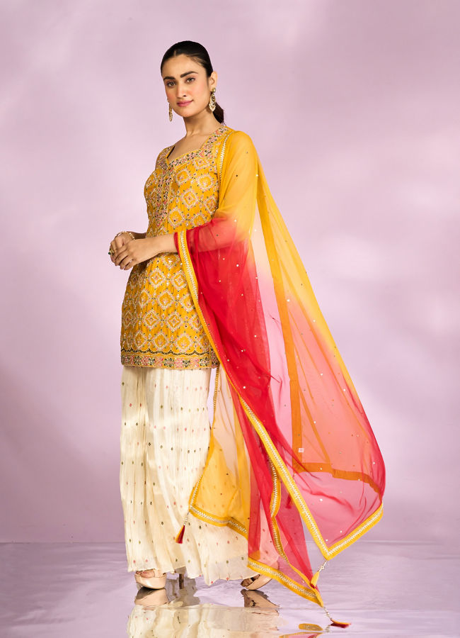 Mohey Women Sun kissed Mustard Yellow Chinon Sharara Suits