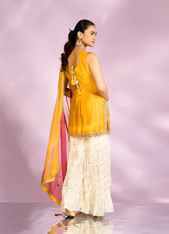 Mohey Women Sun kissed Mustard Yellow Chinon Sharara Suits