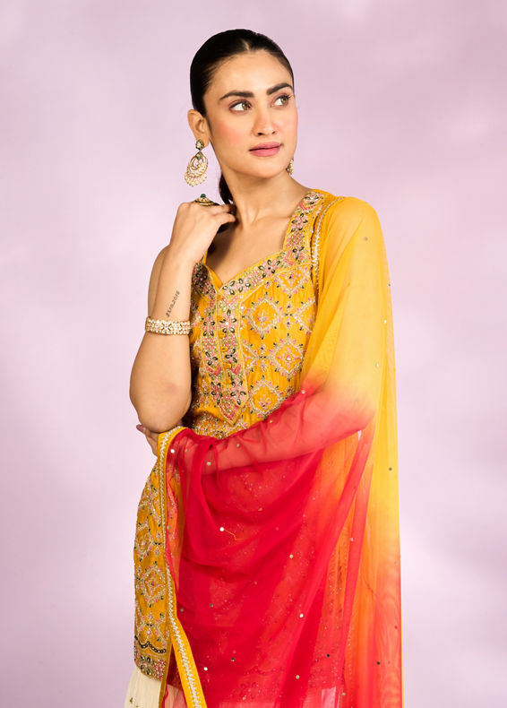 Mohey Women Sun kissed Mustard Yellow Chinon Sharara Suits