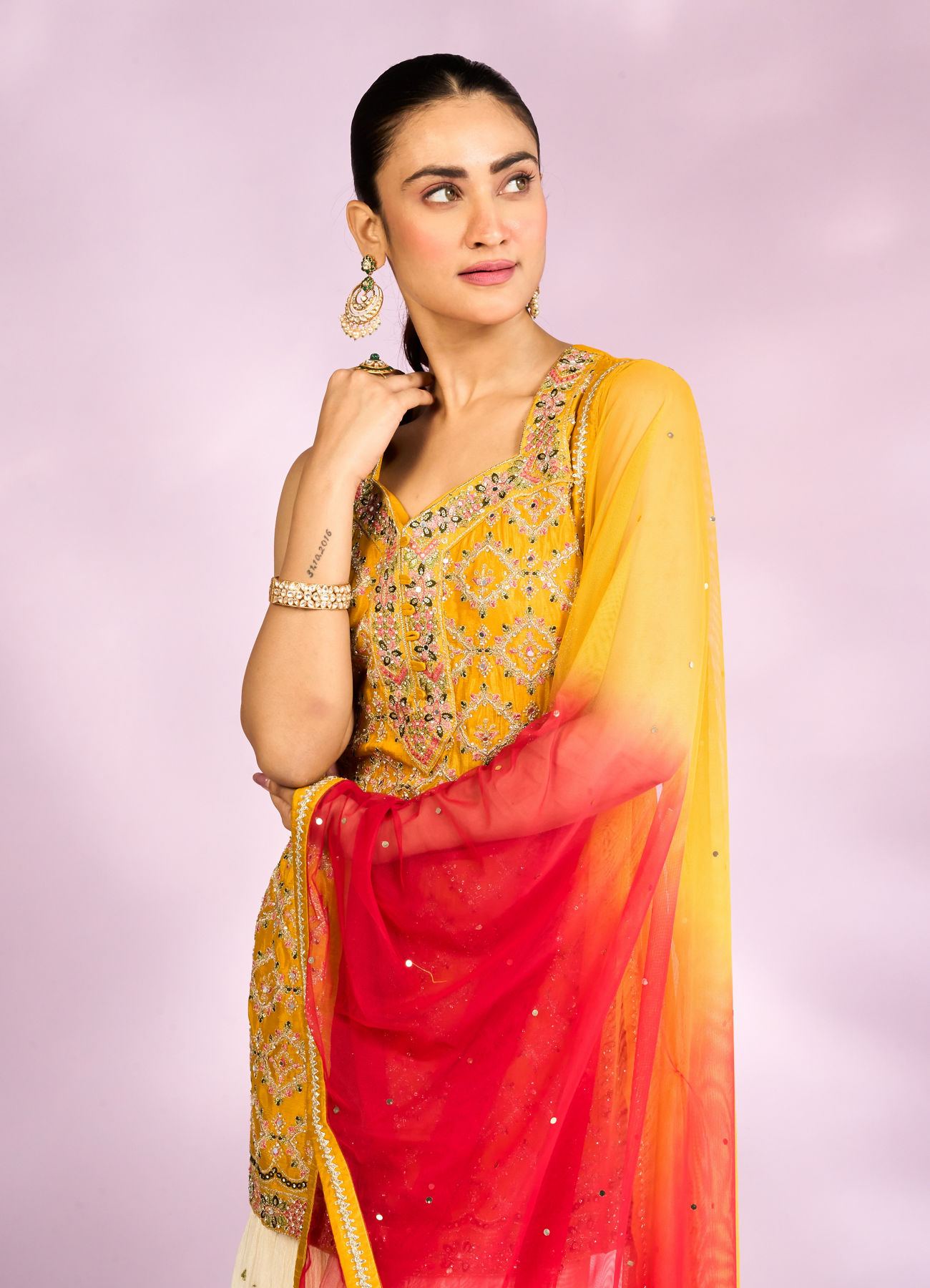Mohey Women Sun kissed Mustard Yellow Chinon Sharara Suits
