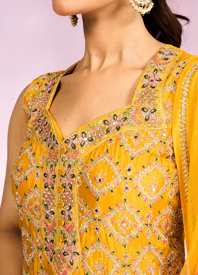 Mohey Women Sun kissed Mustard Yellow Chinon Sharara Suits