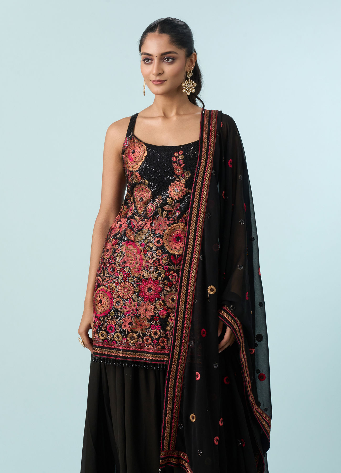 Mohey Women Radiant Black Georgette Stitched Palazzo Suit