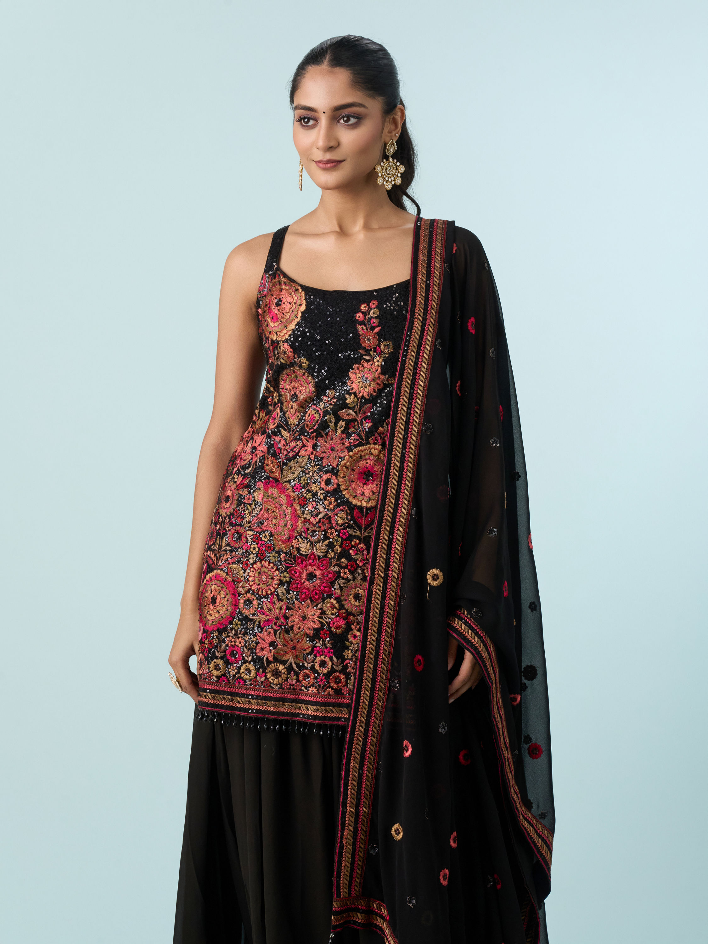 Mohey Women Radiant Black Georgette Stitched Palazzo Suit