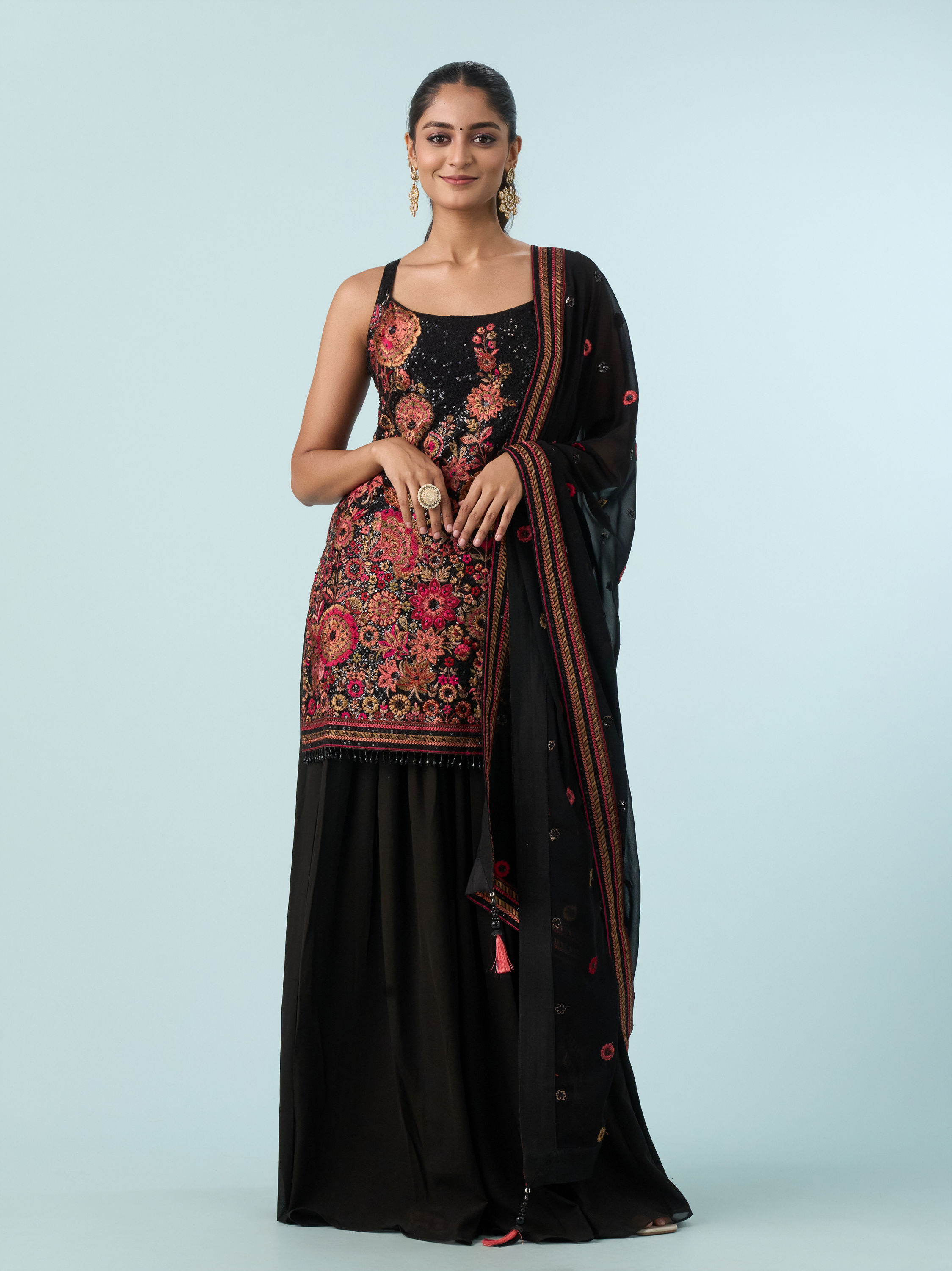 Mohey Women Radiant Black Georgette Stitched Palazzo Suit