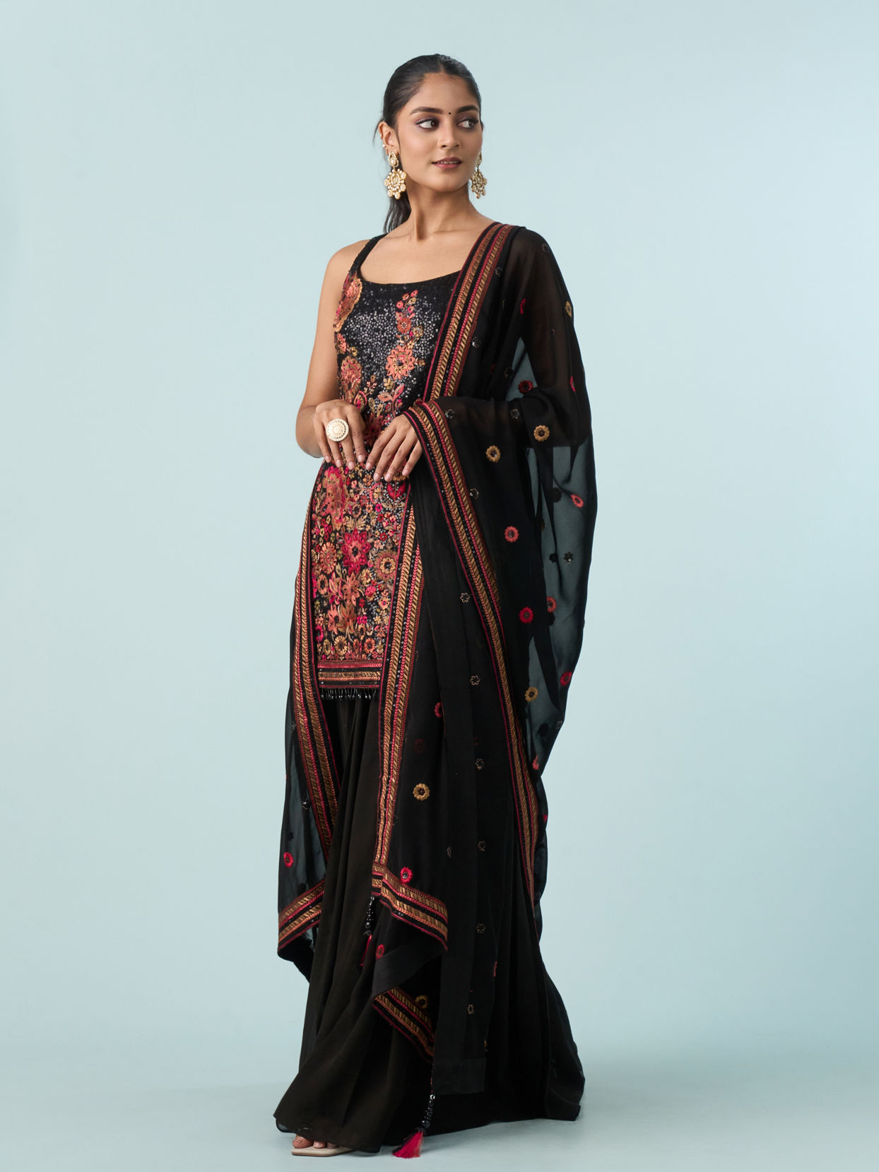 Mohey Women Radiant Black Georgette Stitched Palazzo Suit