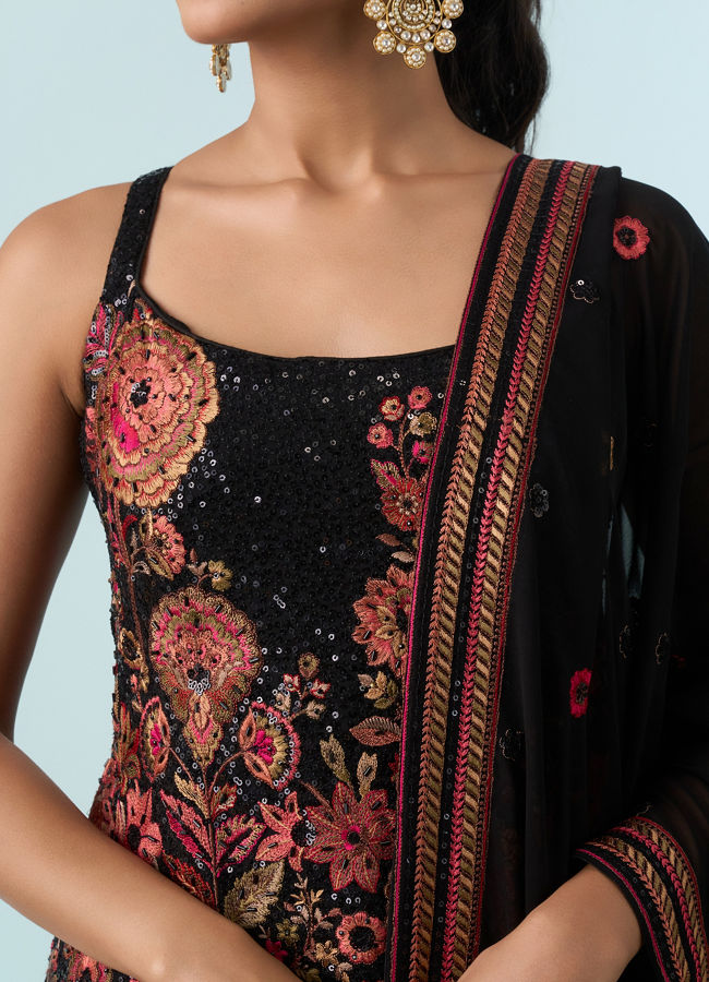 Mohey Women Radiant Black Georgette Stitched Palazzo Suit