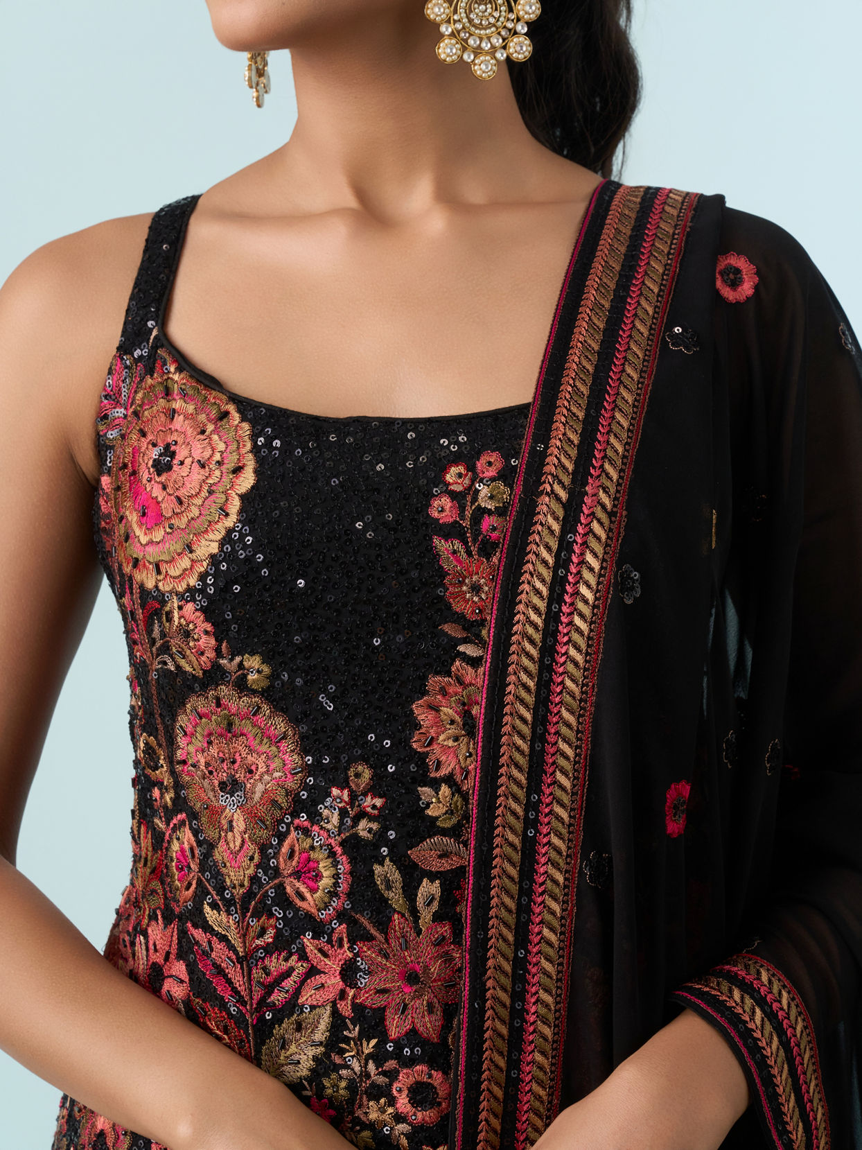 Mohey Women Radiant Black Georgette Stitched Palazzo Suit