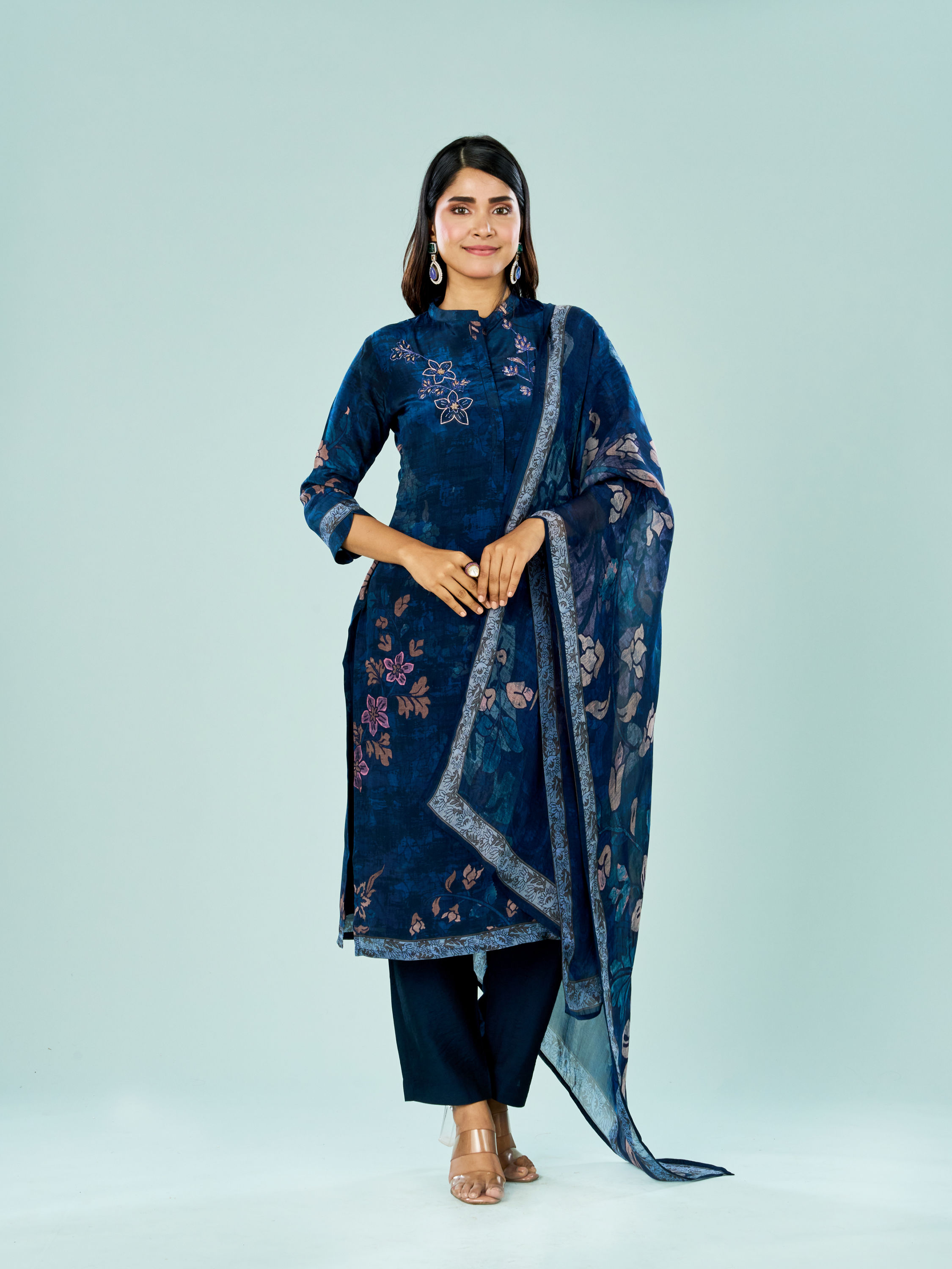 Mohey Women Indigo Blue Rayon Stitched Suit