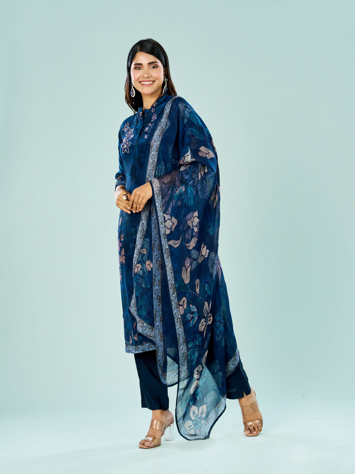 Mohey Women Indigo Blue Rayon Stitched Suit